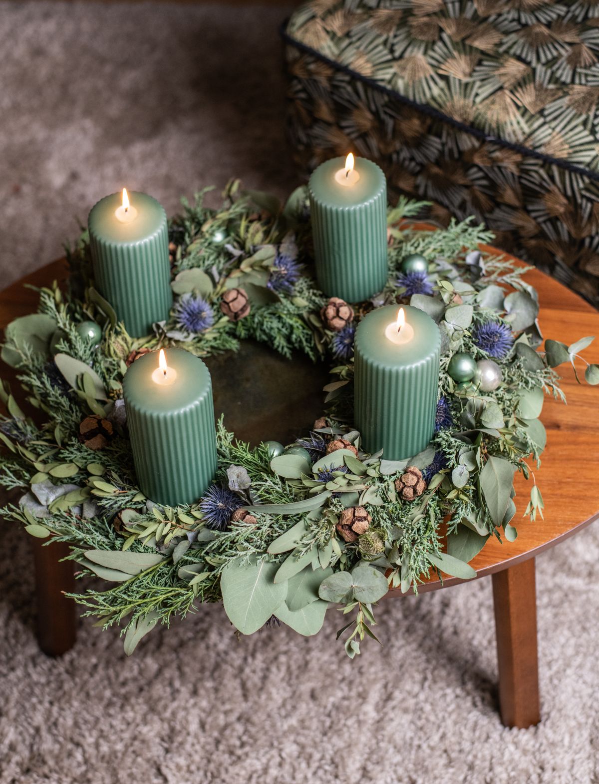 Advent,Wreath,With,Eucalyptus,,Thistle,,Mimosa,And,Cypress,,Burning,Candles,