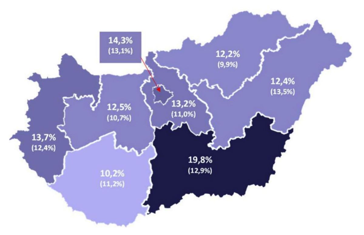 A városi lakások árváltozása 2023. IV. és 2024. IV. negyedév között, zárójelben a 2023. III. és 2024. III. negyedév közötti dinamika.